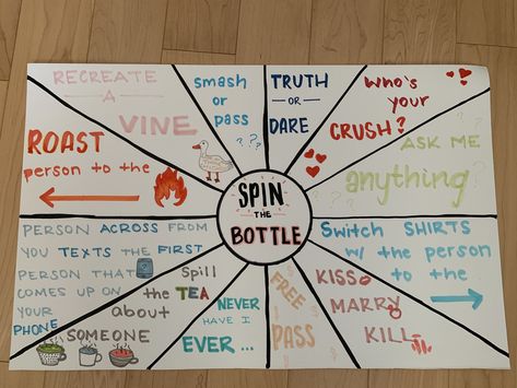 Spin The Bottle Game Board, Spine The Bottle Game, Sleepover Ideas Group, Spin The Bottle Ideas For Friends, Sleepover Games For Teens, Fun Games For Teenagers, Teen Games, Fun Sleepover Activities, Sleepover Stuff