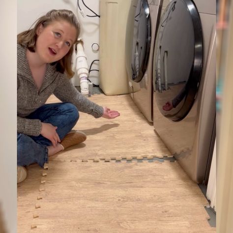 Basement Floor Mats, Interlocking Foam Floor Tiles Basement, Basement Laundry Room Floor Ideas, Diy Laundry Room Flooring, Foam Floor Tiles Basement, Easy Flooring Ideas Diy Budget, Unfinished Laundry Room Makeover, Basement Laundry Room Ideas Unfinished, Unfinished Laundry Room