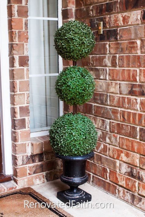 Time on Your Hands? Make These 5 Artificial Topiaries for Your Home - Zen of Zada Diy Topiary Trees, Porch Topiary, Diy Topiary, Outdoor Topiary, Topiary Diy, Boxwood Plant, Porch Plants, Porch Remodel, Artificial Topiary