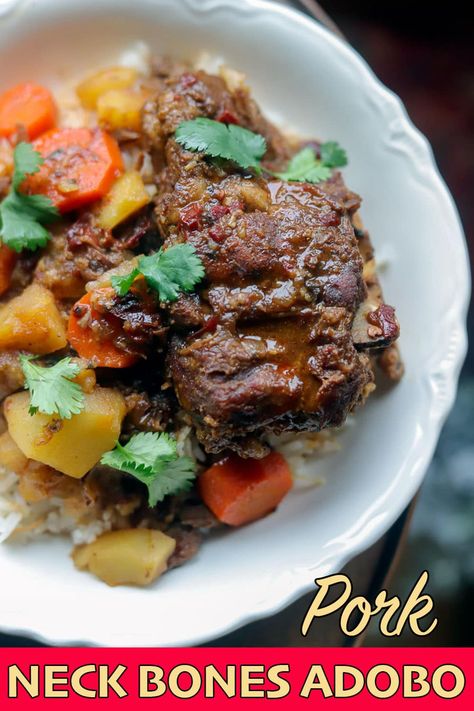 If you haven't tried pork neck bones before, I invite you to try this surprisingly delicious Pork Neck Bones recipe. When cooked in a pressure cooker, Pork Neck Bones Adobo is incredibly flavorful and the meat is so tender. Serve this mouth-watering stew over Vermicelli Rice for a hearty lunch or dinner. #porkneckbones #neckbones #adobo #hildaskitchenblog Neck Bone Soup Recipe, Pork Neck Recipe, Neck Bones Recipe, Pork Neck Bones Recipe, Vermicelli Rice, Pork Bone Soup, Pressure Cooker Pork, Bone Soup, Ground Beef Pasta