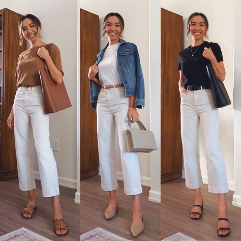 Business Casual Sandals Outfit, Jeans Bianchi Outfit, White Crop Jeans Outfit, Summer Outf, Outfit Trabajo, Style Straight Leg Jeans, Cropped Jeans Outfit, Straight Jeans Outfit, Jeans Outfit For Work