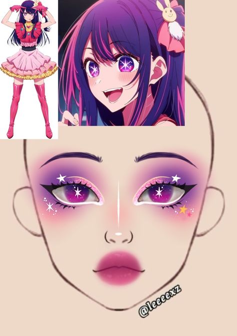 Purple Cosplay Makeup, Kawaii Make Up Ideas, Manga Makeup Anime, One Piece Inspired Makeup, Makeup Tutorial Step By Step Picture, Cute Anime Makeup, Kpop Inspired Makeup, Make Up Anime, Anime Eyes Makeup