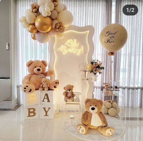 Simple Baby Shower Decorations, Babyshower Decor, Décoration Baby Shower, Luxury Baby Shower, Baby Shower Balloon Arch, Baby Gender Reveal Party Decorations, Classy Baby Shower, Bear Baby Shower Theme, Idee Babyshower