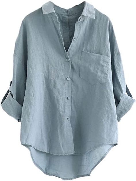 Minibee Women's Linen Blouse High Low Shirt Roll-Up Sleeve Tops at Amazon Women’s Clothing store Kain Linen, High Low Shirt, Linen Top Women, Linen Shirts Women, Linen Fashion, Shirt Casual Style, Salwar Kamiz, Linen Blouse, Womens Long Sleeve Shirts