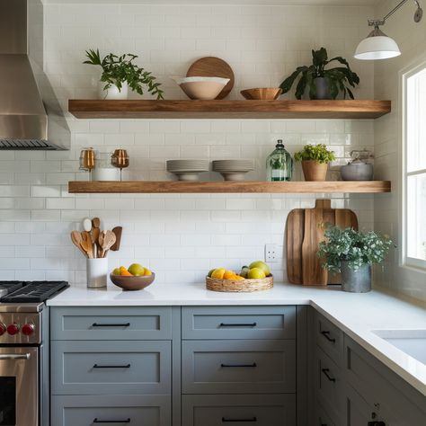 Open shelving in the kitchen: stylish, functional, and perfect for display! 🥄🍽️🤍 #InteriorDesign #KitchenInspo #OpenShelving #HomeDecor Simple Open Shelving Kitchen, Kitchen With Hanging Shelves, Kitchen Decor Open Shelves, What To Put On Shelves In Kitchen, Kitchen Shelves Aesthetic, Open Wooden Shelves Kitchen, Kitchen Design With Floating Shelves, Removing Cabinets For Open Shelving, Kitchen Corner Floating Shelves