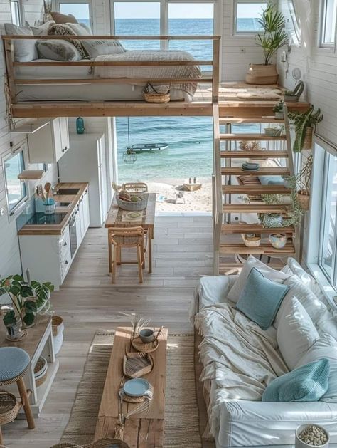 Tiny Beach House Interior, Coastal Living Room Ideas, Tiny Beach House, House Loft, Tiny House Inspiration, Cottage Interior, Casa Vintage, Coastal Bedrooms, Beach House Interior