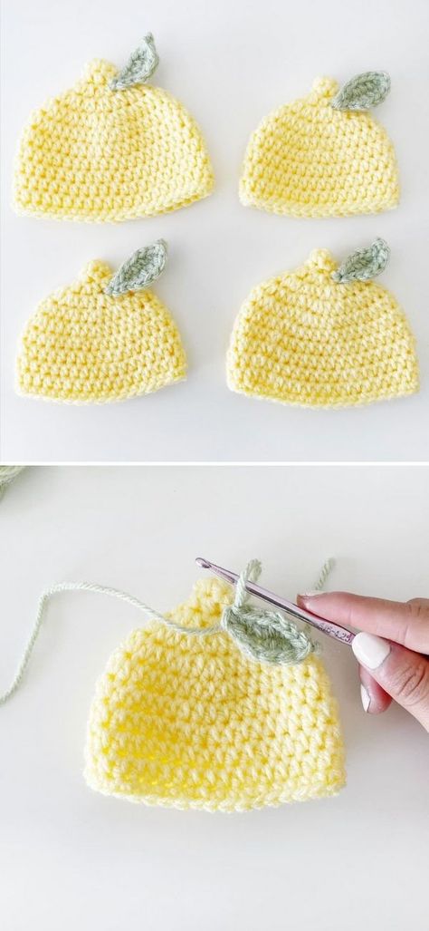 Crochet Lemon Hat Pattern Free, Crochet Lemon Hat Pattern, Cute Crochet Baby Hats Free Pattern, Chrochet Baby Hat, Crochet First Birthday Gift, New Baby Crochet Gifts, Animal Hats Crochet, Twin Crochet Ideas, Fast Crochet Beanie Free Pattern