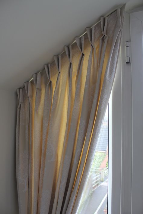 Bedroom curtains, a customers sloping window...double pinch pleat heading and Casadeco fabric. Designed by Just So Interiors Slanted Windows Curtains, Curtain On Sloped Ceiling, Curtain Sloped Ceiling, Curtains Double Window, Curtains Double, Apex Window, How To Hang Curtains, Curtains Pictures, Best Blinds