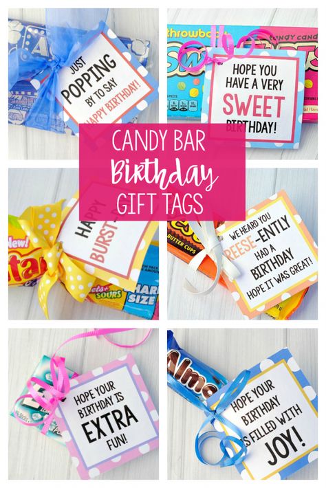 Candy Bar Birthday Gift Tags for Friends Simple Birthday Gifts, Candy Birthday Gift, Relief Society Birthday Gifts, Bar Sayings, Candy Bar Sayings, Candy Puns, Golden Birthday Gifts, Candy Bar Gifts, Relief Society Birthday