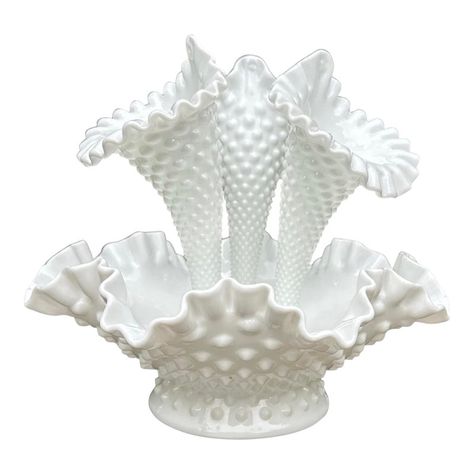 White is classic and timeless. Offering a gorgeous Fenton milk glass hobnail three horned epergne in excellent condition. The Hobnail texture combined with the three horn style attracts the eye of everyone who comes into the room. Make your day and your guests by filling it with flowers. It just makes the day happy! Your choice of flowers and colors can change the ambience from elegant, romantic, to casual.  Design for your own room or use for bridal shower, anniversary, or weddings.  Enjoy the Hobnail Glass Vase, Milk Glass Display, Milk Glass Centerpiece, Milk Glass Decor, Vintage Glassware Antiques, Milk Glass Collection, Own Room, Fenton Glassware, Fenton Milk Glass