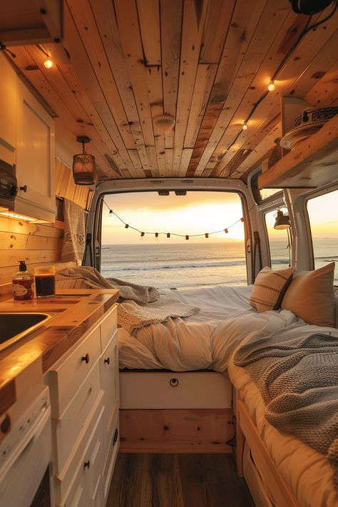 48 Coastal Camper Van Designs and Ideas - TastyInteriors Travel Van Aesthetic Interior, Cool Van Interior, Camping House Ideas, Campervan With Bathroom, Cute Van Interior, Bus House Aesthetic, Van Life Decor Ideas, Interior Van Ideas, Camping Van Interior