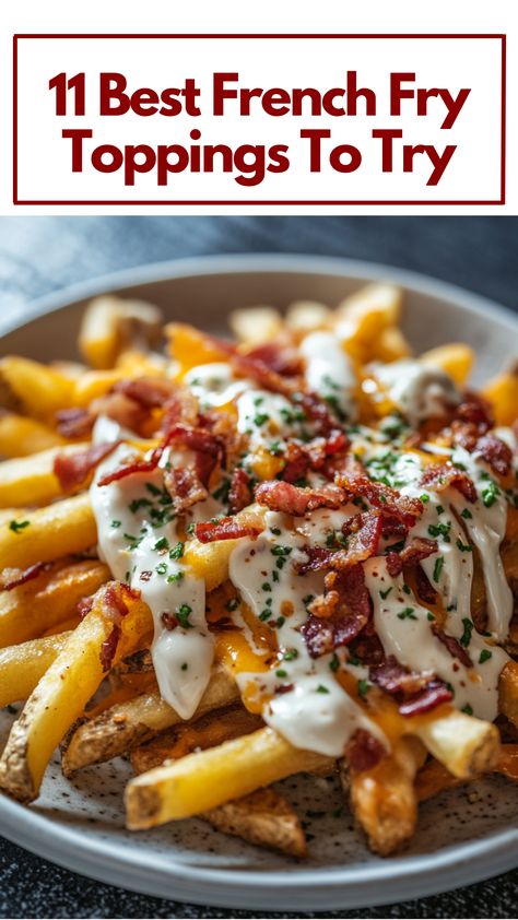 A plate of crispy French fries topped with melted cheese, crispy bacon bits, and drizzled with creamy aioli, showcasing a variety of delicious toppings. Toppings For French Fries, French Fry Toppings, French Fries Dip, French Fry Recipe Ideas, French Fry Toppings Ideas, Loaded French Fries Ideas, Season Fries Recipe, Fries Toppings, Baconator Fries