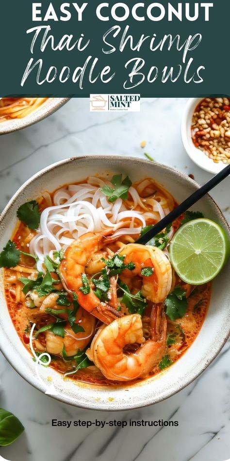 Whip up a quick family meal with our Thai Red Curry Noodle Soup. This easy dinner recipe combines homemade Thai red curry. plump juicy shrimp and creamy coconut milk into one delicious dish. Ready in 30 minutes, it's perfect for busy weeknights, making flavorful and comforting Thai red curry noodles an effortless choice for any family meal. Thai Red Curry Noodle Soup Shrimp, Thai Coconut Soup Shrimp, Thai Seafood Curry, Thai Coconut Curry Shrimp Noodle Soup, Coconut Milk Soup Thai, Fish Wraps, Red Curry Noodles, Thai Shrimp Soup, Red Curry Shrimp