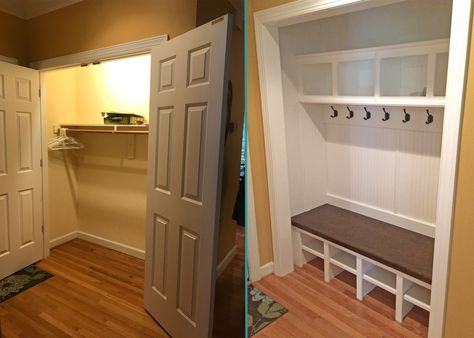 Standard coat closet turned into a recessed mud bench with lower cubbies and stained bench top, beadboard backing detail, upper cubbies, and storage space above upper cubbies.  www.woodmasterwoodworks.com Closet Turned Mudroom, Mud Bench, Closet Conversion, Closet Bench, Front Hall Closet, Mudroom Remodel, Mudroom Closet, Front Closet, Mudroom Makeover