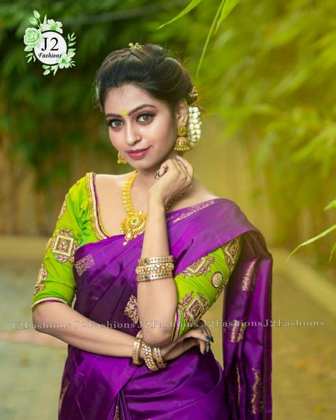 Lite Green Saree Contrast Blouse, Purple Saree Green Blouse, Purple With Green Saree, Brinjal Colour Saree Contrast Blouse, Contrast Blouse For Purple Silk Saree, Purple Colour Saree Contrast Blouse, Parrot Green Saree Contrast Blouse, Simple Work Blouse, Purple Contrast Color