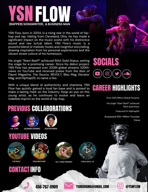 This 1-page electronic press kit template for bands, singers, and musicians is the perfect way to professionally introduce yourself to venues, festivals, press, and promotors ready to land the gig of your dreams! The media kit template for music artists includes an artist's bio, links to your music, photos, a summary of your past performances, and your contact details. You can input all of your own information, including your own photos, in this pre-made electronic press kit template. Band Profile Design, Electronic Press Kit Musicians, Artist Epk Design, Electronic Press Kit Design, Epk Press Kit Music Design, Epk Press Kit Music Template, Epk Press Kit Music, Press Kit Ideas Marketing, Musician Portfolio