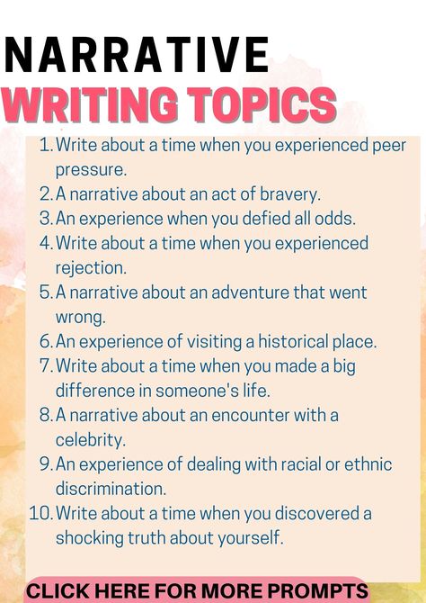 Unleash your child's imagination with our comprehensive list of narrative writing topics. Suitable for grades 3-9, these prompts will take your child on a magical journey of storytelling. Let's turn classroom writing into a fun adventure! #NarrativeWriting #CreativeWriting #WritingPrompts #Education #Storytelling Writing Topics For Adults, Narrative Writing Topics, Expository Essay Topics, Narrative Writing Prompts, Writing Development, Quick Writes, Writing Introductions, Expository Essay, Ela Writing