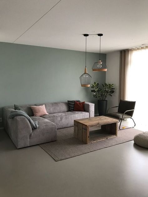 Dark Green Chair, Green Accent Wall Living Room, Stained Coffee Table, Dark Grey Sofa Living Room, Sage Living Room, Green Accent Wall, Sage Green Living Room, Brick Living Room, Grey Sofa Living Room