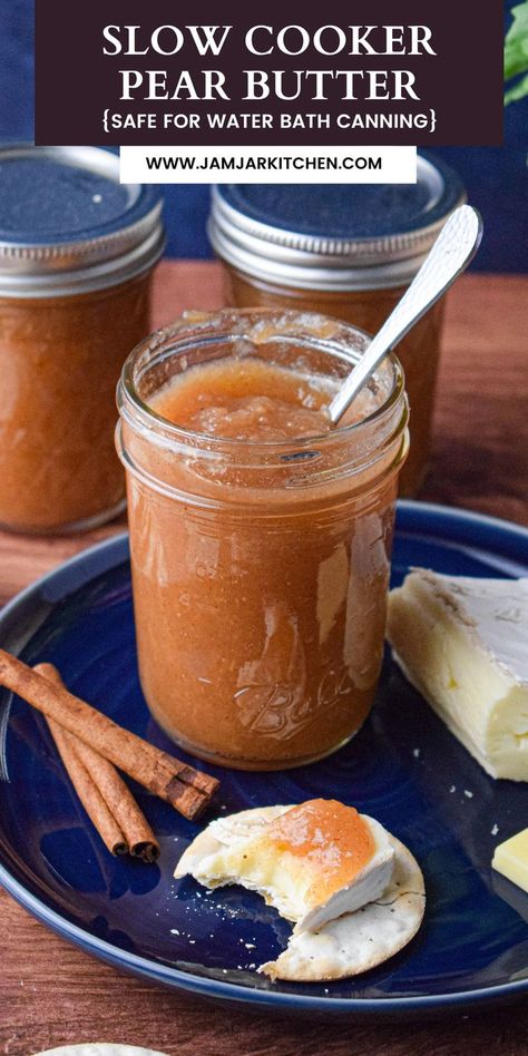 Slow Cooker Pear Butter Recipe, Pear Butter Recipe Crockpot Canning, Pear Butter Canning Recipes, Canning Pears Water Bath, Amish Pear Butter, Pear Honey Recipe Canning, Pear Preserves Recipe Canning, Slow Cooker Pear Butter, Canning Pears Easy