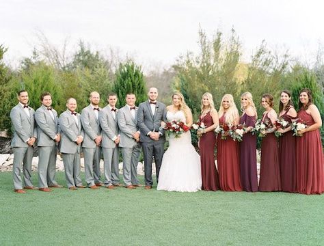 Alex & Jay came to us with their chosen wedding color theme, using grey, burgundy + cream. Their December wedding was at one of the top McKinney wedding venues, Stone Crest Venue.  We were thrilled to help them create their vision and plan out all the details. From candles and greenery galore, to little hints of bling, and of course the pop of burgundy in the floral and bridesmaid dresses everything came together seamlessly. Cabernet And Grey Wedding, Maroon And Grey Wedding Theme, Maroon And Grey Wedding, Wine Wedding Decor, Maroon Wedding Colors, Weeding Themes, Burgundy And Grey Wedding, Maroon Wedding, Gold Wedding Theme