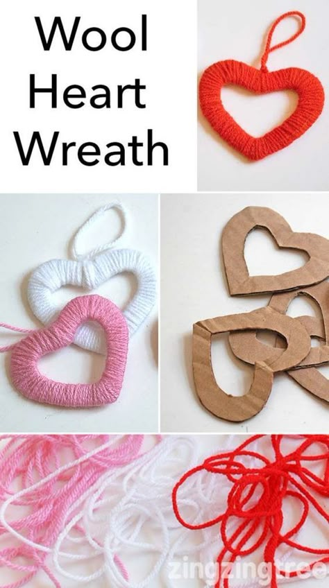 USE LOOP FOR HANGING WITH WREATHS. TAKES A LONG TIME TO WRAP. MAYBE NOT BEST FOR CRAFT PROGRAM. Simply Stylish Easy Wool Heart Wreath Decorations Saint Valentin Diy, Valentines Bricolage, Seni Dan Kraf, Valentine Crafts For Kids, Valentines Crafts, Valentine's Day Crafts, Kraf Diy, Diy Valentine, Heart Crafts