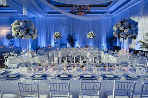 Hunter Ballroom Wedding Reception Wedding Reception Blue And White, Blue Silver Wedding Decorations, Royal Blue And White Wedding Theme Decor, Blue Wedding Reception Ideas, Blue Wedding Reception Decor, Blue And White Wedding Reception, Blue And White Wedding Theme, Quinceanera Winter Wonderland, Silver Wedding Reception