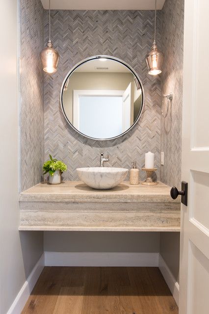 Powder Room Ideas Modern, Bathroom Wallpaper Modern, Modern Pedestal Sink, Modern Powder Rooms, Tile Mirror, Room Vanity Ideas, Powder Room Decor, Guest Toilet, Downstairs Toilet