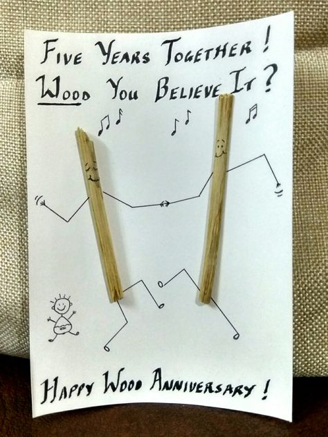 DIY Wood Anniversary Card . 5th  wedding anniversary card. Wood, Stick figure, #Puns #DIY #Anniversary #stickfigure #wood 5th Wedding Anniversary Gifts For Him, 5th Anniversary Gift Ideas, Diy Anniversary Gifts For Him, Anniversary Crafts, Anniversary Diy, Wedding Anniversary Quotes, 5th Wedding Anniversary Gift, Diy Anniversary Gift, 5 Year Anniversary Gift