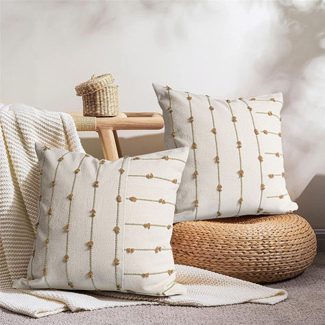 18x18 Decorative Boho Linen Throw Pillow Covers, Modern Farmhouse Textured Pillow Case, Set of 2, click on link to purchase #promotion Sofa Couch Living Room, Cover For Bed, Stripe Cushion, Couch Living Room, Striped Cushions, Pillow Texture, Linen Throw Pillow, Linen Throw, Sofa Couch Bed