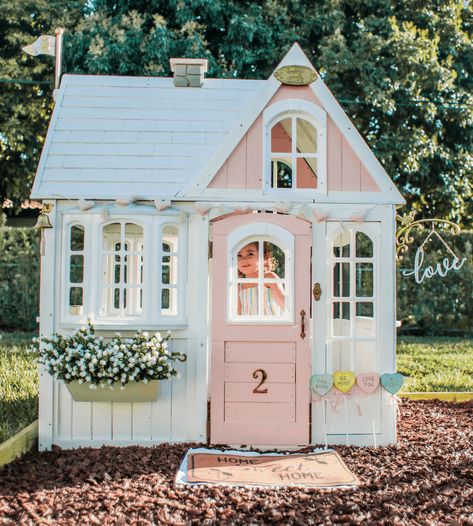 Playhouse DIY Makeover | KidKraft | White & Pink Dollhouse | Remodel | Girly Update | Custom Playhouse | Before & After Costco Playhouse, Cedar Playhouse, Backyard Fort, Playhouse Plans, Diy Playhouse, Backyard Playhouse, Build A Playhouse, Backyard House, Playhouse Outdoor