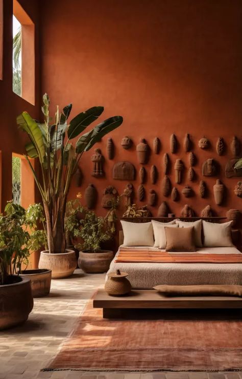 Terracotta Design Interiors, Terracota Wall Color, Dark Terracotta Walls, Terracotta Wall Decor, Terracota Room, Paint Accent Wall Bedroom, Terracotta Wall Paint, Terracotta Mood Board, Teracota Interior