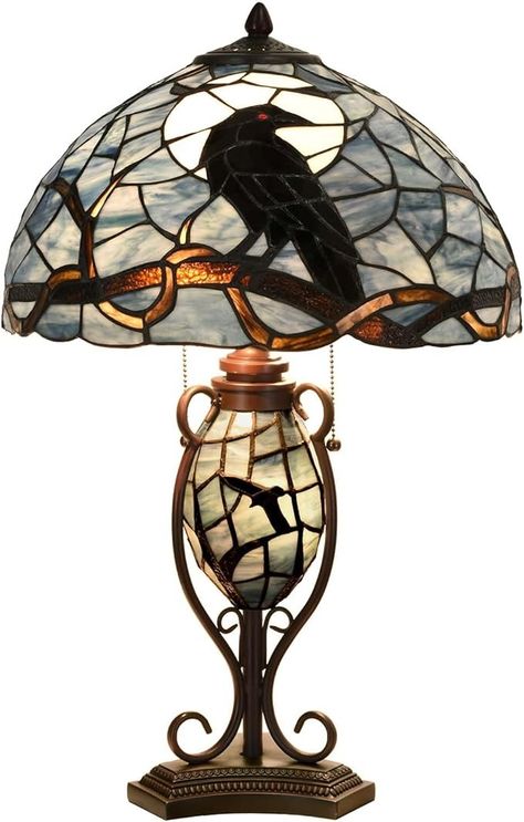 Bieye L10954 Raven Sitting on Bare Tree Branch in Full Moon Night Tiffany Style Stained Glass Table Lamp for Home Decor (Dark Blue, 16Wx24H) - Amazon.com Goth Lamp, Home Decor Dark, Stained Glass Table, Goth Room Decor, Big Wall Decor, Stained Glass Table Lamps, Tiffany Style Lamp, Full Moon Night, Stained Glass Bird