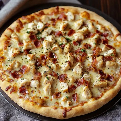 Chicken Bacon Ranch Pizza Recipe - emiliarecipes.com Chicken Ranch Flatbread Pizza, Chicken And Bacon Pizza, Buffalo Ranch Chicken Pizza, Chicken Bacon Ranch Pizza Sauce, Chopped Chicken Bacon Ranch Subs, Pizza Ranch Copycat Recipes, Chicken Bacon Ranch Pizza Recipe, Ranch Pizza Sauce, Flatbread Pizza Recipes Chicken