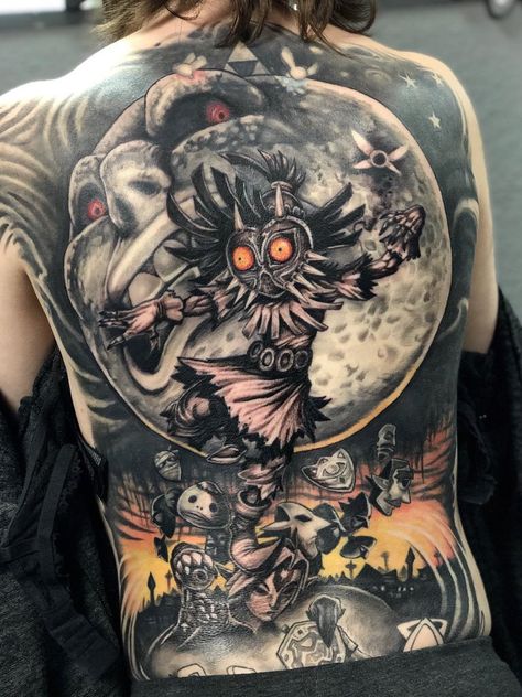 Daniel Ixi > The Legend of Zelda: Majora's Mask #tattoo #ink #art Majoras Mask Moon, Majora's Mask Tattoo, Kingdom Hearts Tattoo, Video Game Tattoos, Legend Of Zelda Majora's Mask, Nerdy Tattoos, Zelda Tattoo, Gamer Tattoos, Video Game Tattoo