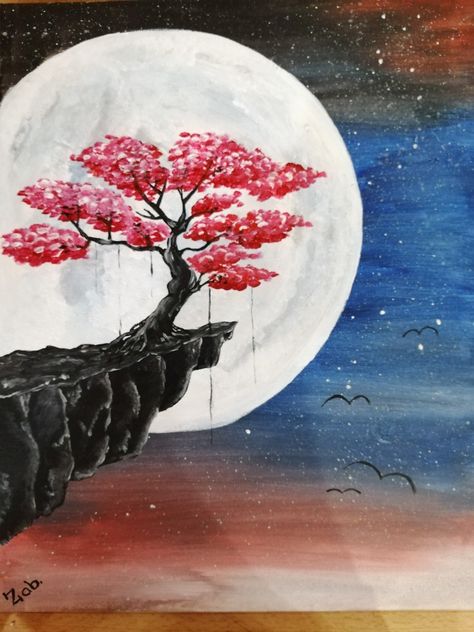 Easy Sakura Painting, Cherry Blossom Bonsai Tree Drawing, Sakura Tree Painting, Painting Techniques Canvas, Cloud Painting Acrylic, Cherry Blossom Forest Painting, Sharpie Art Projects, Sakura Tree Painting Acrylics, Rolled Magazine Art