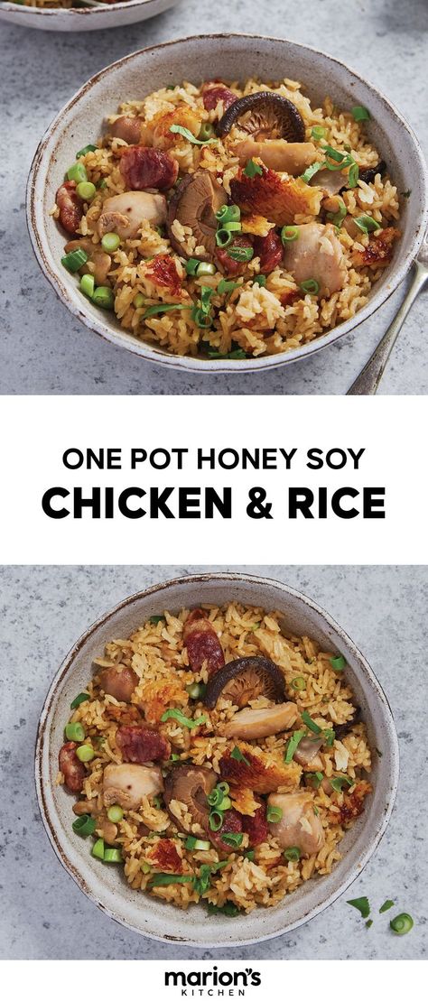 One Pot Honey Soy Chicken & Rice Rice Cooker Recipes Chicken, Claypot Rice Recipe, Claypot Chicken Rice, Honey Soy Chicken, Marion's Kitchen, Asian Rice, Soy Chicken, Rice Cooker Recipes, Honey Soy