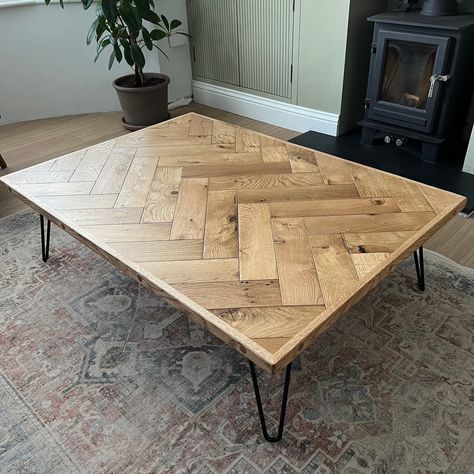 The Oak Herringbone Coffee Table | Parquet | Large Low Herringbone Coffee Table | Chevron  Hand made to order, with sustainably sourced French Oak. This herringbone table Is the perfect centre piece for any room. For custom sizes please send me a message.  Important Please Note Dimensions: Standard Height 50cm wide tables  - 44cm  (X Shaped legs) Standard Height 80cm wide table - 34cm (Hairpin Legs) Other leg types & heights available upon request. Length - 60 - 120cm Width - 50 - 80cm Finished Herringbone Coffee Table, Leg Types, Table Chevron, Herringbone Table, Coffee Table Large, Herringbone Wood, Chevron Table, Woodwork Projects, Table Large