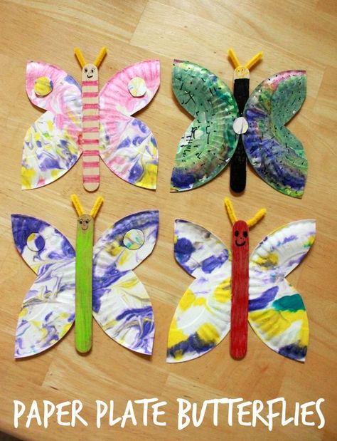 A paper plate butterfly craft for kids -- a great summer activity and especially beautiful with marbled paper plates! Paper Plate Butterfly, Valentine Paper, Butterfly Craft, Paper Plate Crafts, Daycare Crafts, Plate Crafts, Butterfly Crafts, Creative Idea, Crafts Paper