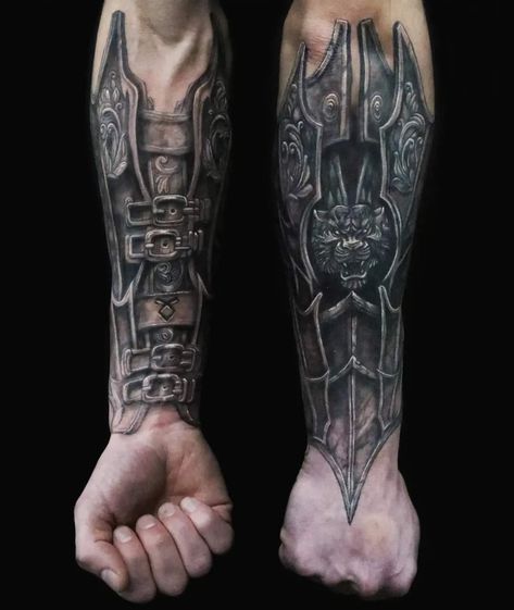 Mens Armor Tattoo, Armour Tattoo Forearm, Vambrace Tattoo, Armor Forearm Tattoo, Gauntlet Tattoo Forearm, Arm Armor Tattoo, Knight Armor Tattoo, Armor Tattoo Sleeve, Medieval Tattoo Sleeve