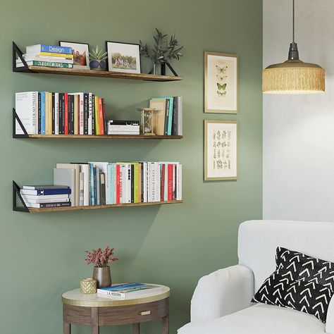 Cute Room Accessories, Floating Bookshelves Bedroom, Decorative Picture Frames, Rustic Wood Shelving, Floating Shelves Books, Shelf Above Bed, Wall Bookshelf, Floating Bookshelf, Living Room Wall Decoration