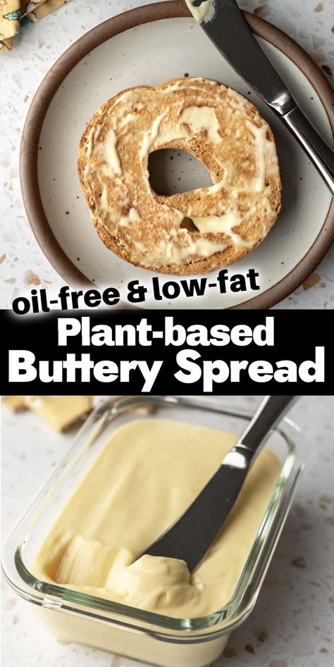 This Oil-Free Vegan Butter is a healthy plant-based alternative to dairy-based buttery spreads. You can schmear it on your morning bagel, slather it on corn on the cob, stir it into mashed potatoes, and so much more! It's low-fat, low-calorie, free from gluten and soy, and easy to make in just 15 minutes! Wfpb Breakfast, Fat Free Vegan, Low Calorie Vegan, Oil Free Vegan Recipes, Wfpb Recipes, Oil Free Vegan, Butter Spread, Corn On The Cob, Vegan Condiments