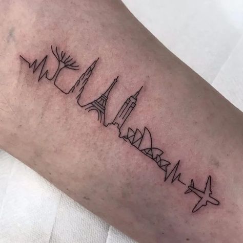 62 Travel Tattoo Designs from Around The World One Line Travel Tattoo, Travel Music Tattoo, Travel Word Tattoos, 7 Continents Tattoo, Traveler Tattoo Ideas, Travelling Tattoos For Women, Tattoo About Travel, Travel Inspired Tattoos For Women, Travel Line Tattoo