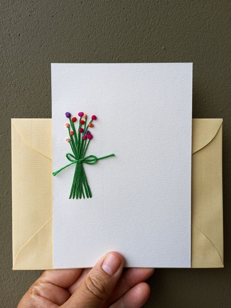 Cards With Fabric Flowers, Hand Sewn Cards, Stitched Flower Cards, Embroidered Cards Diy, Embroidered Birthday Cards, Thread Cards Diy, Embroidery On Paper Cards, Embroidery Cards Pattern Free Printable, Fabric Cards Handmade