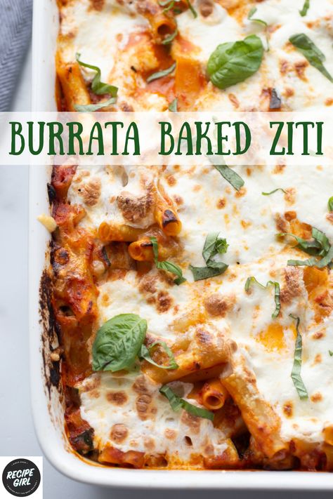 Burrata Baked Ziti recipe from RecipeGirl.com #burrata #baked #ziti #pasta #recipe #RecipeGirl Burrata Pasta Bake, Burrata Recipe Pasta, Burrata Pasta Recipe, Burrata Baked, Burrata Recipe, Red Sauce Recipe, Ziti Recipe, Ziti Pasta, Lemon Butter Chicken