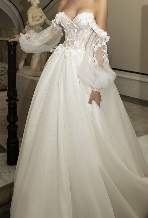 Wedding dress Subtle Ball Gown Wedding Dress, Flowy Wedding Dress Whimsical Off The Shoulder, Midevil Style Wedding Dress, Sage Green Dress Aesthetic Royal, Weeding Dress Aesthetic Princess, Fantasy Wedding Dress Faeries, Wedding Dresses With Puffy Sleeves, Italy Wedding Dress, Wedding Dress Aesthetic