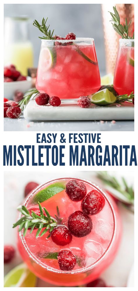 This Mistletoe Margarita is a festive cocktail made with cranberry juice, orange liquor, fresh lime juice and tequila for the perfect sip. Make it ahead in a pitcher or single serve - just be sure to garnish this margarita with fresh rosemary and sugared cranberries for that extra pop! #holidaycocktail #mistletoemargarita #margaritarecipe #holidaydrink #pitchercocktails #christmasmargarita #christmascocktail Merry Margarita Recipe, Winter Margarita Recipe Pitcher, Poinsettia Drink Recipe, Miseltoe Margarita, Easy Christmas Margarita, Christmas Cocktail By The Pitcher, Mistletoe And Margs Party, Cranberry Margaritas For A Crowd, Cranberry Pitcher Cocktail