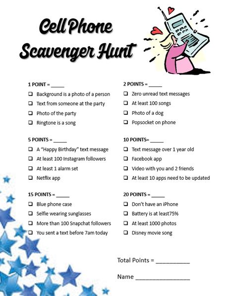 Cell phone scavenger hunt. Simple to tweak with more personal items. Great "ice breaker" for any teen party!! Ice Breaker Games Adults, Ice Breaker Scavenger Hunt, Cell Phone Scavenger Hunt For Adults, Phone Scavenger Hunt Game, Zoom Icebreaker Games For Adults, What Is On Your Phone Game, Cell Phone Games For Party, Ice Breaker Games For Adults Parties, Games For Teens On Phone