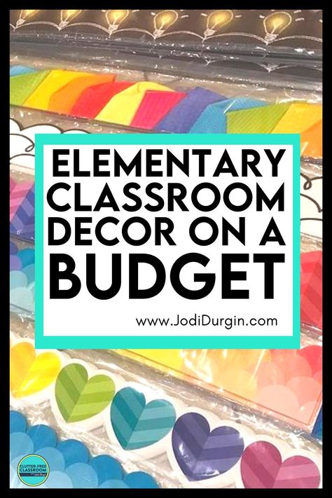 Calling all elementary teachers looking for the best cheap classroom decor resources & ideas available in stores & online! This Clutter-Free Classroom blog post identifies 7 stores for finding inexpensive decorations which include Amazon, Dollar Tree, Hobby Lobby, Michaels, Oriental Trading, Target & Walmart. If you are a 1st, 2nd, 3rd, 4th or 5th grade teacher who works with lower or upper elementary students, read the post & download the free decorating guide for more money-saving tips. Grade Four Classroom Decor, Classroom Decor Dollar Tree, Hobby Lobby Classroom Ideas, Cheap Easy Classroom Decor, 5 Th Grade Classroom Decor, Affordable Classroom Decor, Classroom Decor On A Budget Diy, Primary Color Classroom Decor, Dollar Store Classroom Decor