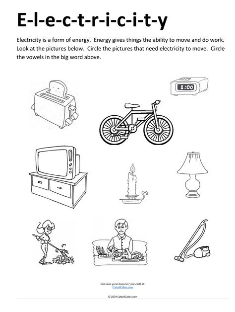 Electricity Worksheet, Science Worksheets For Kindergarten, Electricity Lessons, Geometry Vocabulary, Science Electricity, Preschool Science Activities, Homeschool Preschool Activities, Worksheets For Kindergarten, School Craft