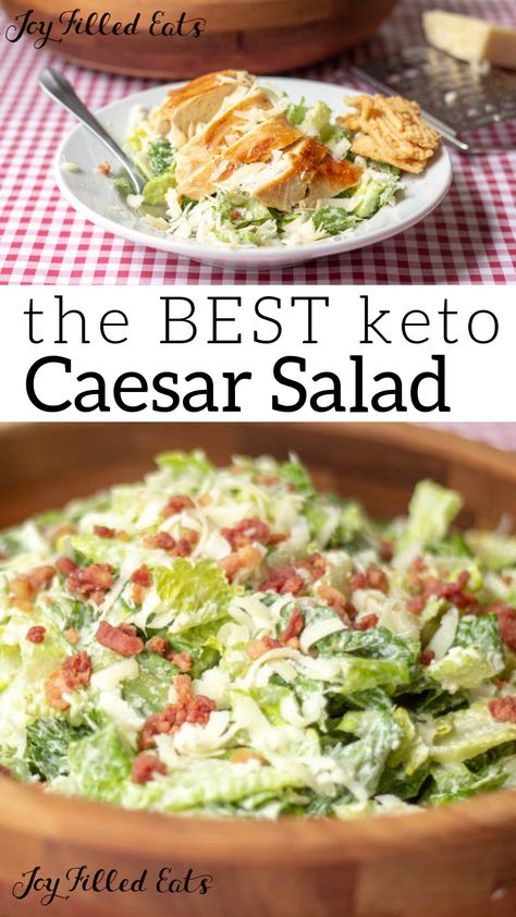 The BEST keto Caesar Salad - Low Carb, Keto, THM S, Gluten-Free, Grain-Free - How to make keto Caesar salad dressing: just mix together 4 simple ingredients and season with salt and pepper. My 9-year-old makes this for dinner for us at least once a week without any help. #lowcarb #lowcarbrecipes #lowcarbdiet #keto #ketorecipes #ketodiet #thm #trimhealthymama #glutenfree #grainfree #glutenfreerecipes #recipes #caesarsalad #bacon #salad #easyrecipes Caesar Salad Dressing, Caesar Salad Recipe, Boiled Egg Diet Plan, Bacon Salad, Low Carb Salad, Keto Recipes Dinner, Salad Dressing Recipes, Caesar Salad, Low Carb Keto Recipes